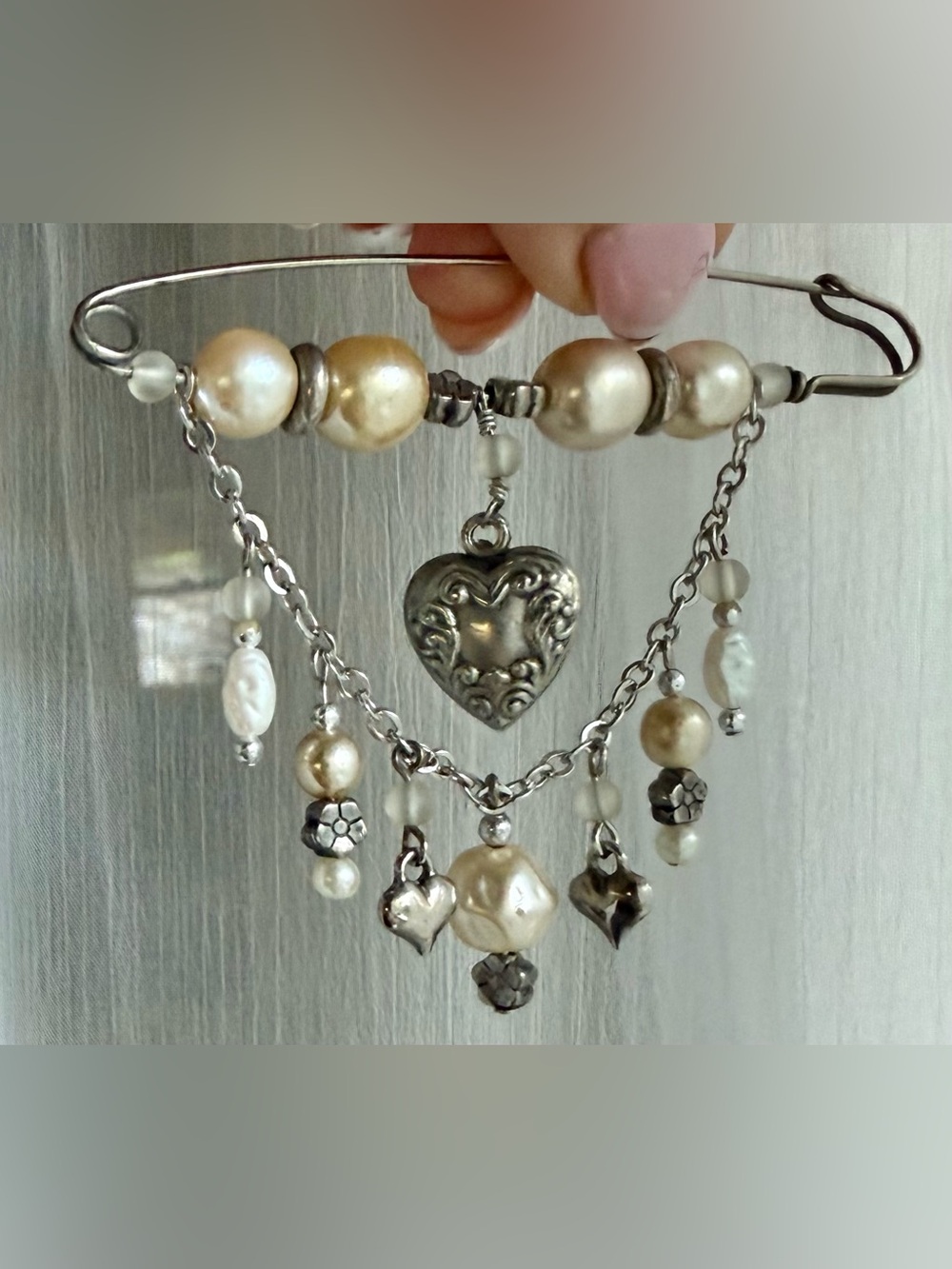 Handcrafted Safety Pin Brooch Faux Pearl & Silver Tone Heart